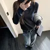 Suéter feminino cinza estilo old money com gola polo em tricô de tranças, manga longa, para outono, casual, modelagem solta, afina a silhueta, top básico