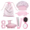Conjunto Portátil de Ferramentas para Cuidados com o Cabelo: Máscara de Olhos, Touca de Dormir, Elástico de Cabelo, Escova para Shampoo, Pente Dobrável, Kit de Cuidados de Viagem