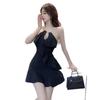 Chica Atractiva Caliente Cadena Halter Vestido Negro Pequeño Verano Estilo Hepburn Hermana Real Elegante Diseño de Volantes Sin Mangas Falda Corta para Mujer