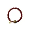 Pulseira de Ágata Vermelha do Sul Natural com Esculturas em Madeira e Pequeno Pingente de Buda, Pulseira Retrô Estilo Chinês, Pulseira de Círculo Único Vermelha do Sul