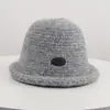 Gorro de Pescador Tejido de Felpa de Lana para Mujer Otoño Invierno Retro Que Adelgaza la Cara Sombrero de Cubo Circunferencia de Cabeza Grande Sombrero Cálido de Color Liso