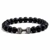 Venta caliente transfronteriza mancuerna de aleación pulsera elástica de piedra volcánica pulsera de energía de plata para hombres europeos y americanos con cuentas para yoga