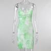 2023 Europeu e Americano oco tie-dyed estilingue decotado fresco doce vestido sem encosto cintura emagrecimento saia de um passo