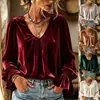 2026 Europeo y Americano Transfronterizo Otoño e Invierno Amazon Nuevo Terciopelo Versátil Cuello en V Plisado Holgado Color Sólido Manga Larga Camisa Mujer