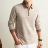 Camiseta de Manga Larga Rayada con Solapa para Hombre de Lana y Seda 2026 Otoño Invierno Nueva Camiseta Térmica Cálida de Media Cremallera para Hombre