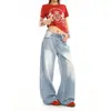 Jeans Rectos Azul Medio para Mujer Verano Nuevo Estilo Retro Americano Blancos Desgastados Casuales Sueltos de Pierna Ancha Pantalones Largos hasta el Suelo