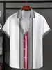 Camisa estilosa de retalhos de manga curta, uma peça de verão moderna e casual de uma marca popular, feita com tecido de seda gelada.
