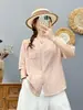 Camisa de Lino de Verano, Blusa Lisa de Cuello en V de un Solo Botón, Corte Holgado, Adelgazante, Cárdigan Versátil de Manga Corta para Mujer