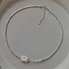 Colar de Pérolas de Água Doce em Bloco Irregular Estilo Coreano Moda Feminina Corrente para Clavícula Prateada Quebrada