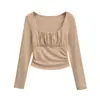 Camiseta de Manga Larga Fruncida Ajustada de Moda Otoño Nueva Moda Versátil Camiseta Básica Cuello Cuadrado Top Puro Deseo