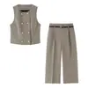 Ins atacado de roupas femininas estilo europeu e americano transfronteiriço colete curto xadrez pied-de-poule com cinto e calça comprida 8372389 8372289