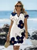 Falda Corta Estampada de Vacaciones para Viajes a la Playa Transfronterizos Europeos y Americanos, Abertura Pequeña, Cuello en V, Holgada, Sencilla, Versátil, Vestido Recto