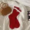 Calcetines Rojos Brillantes Sin Costuras de Otoño e Invierno para Año Nuevo Algodón Puro Modernos Versátiles Doble Puño Lazo Tubo Medio Largo para Mujer Invierno