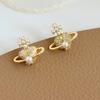 Pendientes de botón con diseño de planeta de perla y circón retro francés para mujer, pendientes de botón de diseño simple, elegantes y modernos, pendientes de corazón de melocotón.