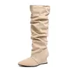 Botas Longas Femininas Suede Retro Plissadas Bico Fino Outono 2026 Novas Tamanho Plus Calce Fácil Salto Anabela Acima do Joelho Wish