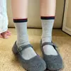 Calcetines de Primavera y Otoño para Mujer Calcetines de Media Pantorrilla Algodón Puro Estilo Coreano Rayados Bloque de Color Calcetines Apilados Versátiles Sin Costuras Calcetines Largos para Mujer Venta al por Mayor