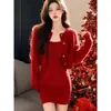 Celebridade de temperamento coreano senhora gentil estilo Hong Kong toque de pequeno Chanel conjunto de duas peças vestido de tricô de alta qualidade