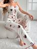2024 Amazon AliExpress Estampado Costura em Cor Contrastante Malha Roupas de Casa Fenda Frontal Alça Conjunto de Pijama