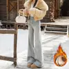 Calça Jeans Flare Lavada Vintage Azul Claro para Mulheres, Outono e Inverno, Forrada com Lã, Cintura Alta, Elástica, Design Emagrecedor, Calça Bootcut