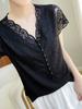 Blusa feminina estilo western, decote em V, renda, vazada, manga curta, cor sólida, solta, slim fit, para o verão, para trabalho