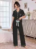 Site Independente da Amazon Conjunto de Pijama Europeu e Americano com Gola Lapela Manga Curta Calça Longa Bordado para Mulheres, Tecido Tipo Algodão 180g de Comércio Exterior
