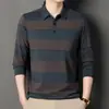 Artículo popular de TikTok: Camiseta de manga larga para hombres de mediana edad, nuevo estilo de otoño, con cuello, a rayas, con bolsillos reales, prenda para hombre