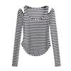Estilo europeu e americano Sexy Off-ombro Contraste Cor Listrada Base Camisa Feminina Outono Grande Gola Redonda T-Shirt Cyber Popular Curvo Inferior Top