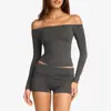Camiseta de Yoga Transfronteriza para Mujer, Hombros Descubiertos, Manga Larga de un Hombro, Top Casual de Manga Larga para Deportes, Yoga, Pilates, Fitness