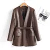 Chaqueta de Cuero Negra de Longitud Media para Mujer con Cuello Alto y Cinturón de Corbata, Nuevo Estilo Otoño e Invierno, Elegante Abrigo de Cuero