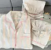 Pijama azul a rayas florales dulce para tallas grandes para niñas, conjunto de tres piezas de encaje de manga corta para primavera/verano, en stock para ventas transfronterizas
