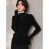 Suéter de malha feminino de gola alta média e mangas compridas para outono e inverno, top base azul