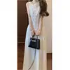Vestido Jacquard Sem Manga para Mulheres Baixas, Vestido Longo de Verão com Cintura Marcada, Estilo Francês