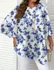 Nuevo Top de Comercio Exterior Transfronterizo Estilo Redondo Azul y Blanco Floral Manga Tres Cuartos, Camiseta Suelta y Elegante de Manga Corta