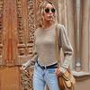 Bai Fen Zhi YiComercio Exterior Transfronterizo Ronda de Otoño Cuello Redondo Manga Corta Caqui Color Sólido Suéter de Punto para Mujer Manga Larga