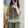 Traje de Algodón y Lino para Mujer, Nuevo Estilo Verano 2026, Top Estampado Patchwork Falso Dos Piezas, Pantalones Harem, Conjunto de Dos Piezas Adelgazante