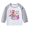 2026 Nova Camiseta Infantil de Primavera e Outono Gola Redonda Desenho Animado Manga Longa Camiseta Básica Conjunto para Meninos e Meninas Camiseta de Algodão