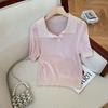 ¡recomendar! Armario de verano BI en ~ Chaqueta de punto coreana rosa con cuello polo de Tencel y lino de manga corta