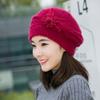 Gorro de lana con flores para mujer, boina de piel de conejo gruesa de terciopelo para exteriores, cálido, de punto, con protección para las orejas, moda de otoño e invierno