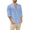 2026 Amazon Wish Aliexpress Cardigan de Lino Nuevo para Hombre Europeo y Americano Camisa Casual de Color Sólido con Cuello Mao de Manga Larga