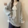 Suéter casual de encaje gris con cuello en V estilo coreano para mujer, moño de otoño, súper elegante, jersey holgado, top de tacto de alta gama
