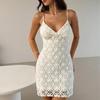 Vestido de Verão 2025 Cruzado Sexy Costas Nuas Alcinha para Mulheres com Padrão Geométrico Slim Fit Curto Vestido de Férias na Praia