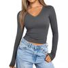 2024 Amazon Blusa Feminina de Manga Longa Outono Gola V Estilo Básico Slim Fit Camiseta Feminina com Design Patchwork Slim Fit