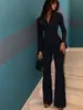 Conjunto de top e calça elegante e luxuoso, com gola lapela, acinturado, com saia evasê, fenda, mangas compridas, curto e de corte slim, para mulheres, adequado para o outono no trabalho