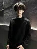 Camiseta básica negra de cuello medio para hombre, otoño e invierno, juvenil, estilo americano, sudadera con forro polar interior, camiseta de manga larga, moderna