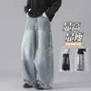 Jeans de Sarja Denim com Estampa Splash-Dye para Homens, Primavera 2026, Corte Reto, Versátil, Tamanho Grande, Preto e Azul