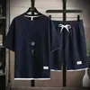 Conjunto de Verano Delgado de Tejido Waffle para Hombre: Camisa de Manga Corta de Seda de Hielo de Secado Rápido y Pantalones Cortos Deportivos Casuales