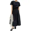 Vestido curto de manga curta, gola redonda minimalista estilo coreano, acinturado, plissado, emagrecedor