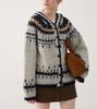 Cardigan Tricotado Fairisle com Capuz Estilo Preguiçoso Feminino 2024 Inverno Novo Solto Espessado Jaqueta Suéter