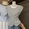 Suéter de punto ligero color azul claro chic estilo coreano con pliegues en la cintura ceñida para mujer, top de diseño ajustado con dobladillo irregular