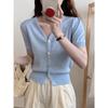 Cardigan de Tricô Azul Francês com Decote V Manga Curta Feminino Fino Cintura Curta Camisa Base Cintura Ajustada Pequena Camisa A3623